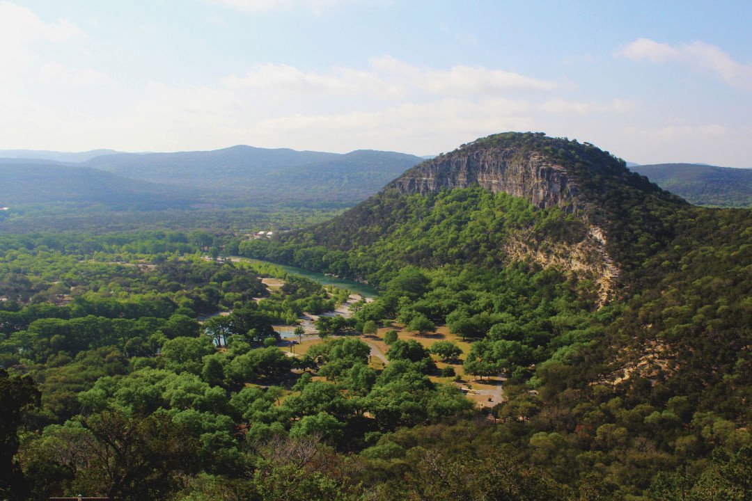 Aerial view of Texas hill country and river